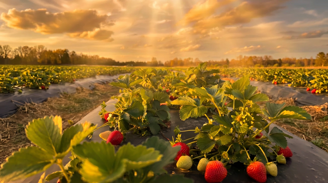Sunlit strawberry field at Iron Gate Berry Farm in Eldridge, Missouri